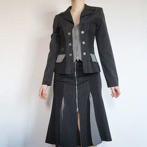 Vintage 90s black and grey gothic officecore striped blazer and skirt set
